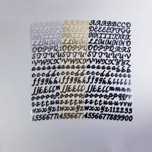 Stickers alphabet vintage or, argent, noir, lettres cursives autocollantes-autocollants lettres cursives-autocollants lettres scrapbooking-autocollants alphabet