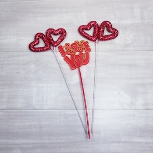 3 Valentine Picks-Red Glitter Double Hearts Pick-I Love You Pick-Valentine Bouquet Decoration-Valentine Floral Decoration-Craft Supplies