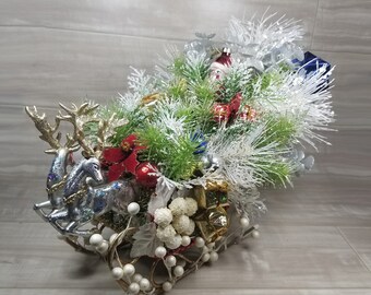 Santa On Sled With White Berries Christmas Candle Centerpiece-Winter Holiday Table Decoration-Artificial Christmas Centerpiece