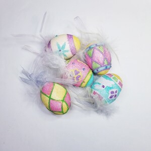 5 Vintage Foam Decorated Easter Eggs With Feather And Ribbon-Easter Ornaments-Easter Wreath Supplies-Easter Flower Arrangement-Craft Supply
