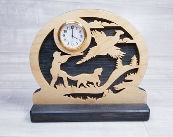 Vintage Wooden Pheasant Hunting Desk Clock-Pheasant Hunting Scene Shelf Clock-Hunter and Dog Desk Clock-Gifts