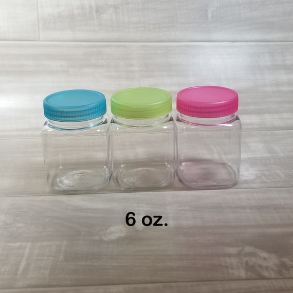 Juego de 3 botellas de plástico de 6 oz. Frascos transparentes con tapa de  plástico de colores. Contenedor de tarros de almacenamiento. Mantequilla