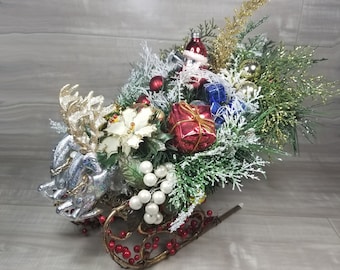 Santa On Sled With White And Red Berries Christmas Candle Centerpiece-Winter Holiday Table Decoration-Artificial Christmas Centerpiece