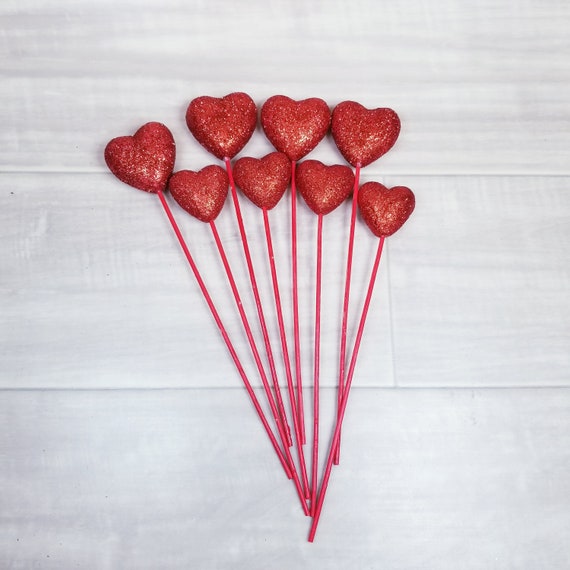 8 Red Glitter Heart Picks-red Glitter Foam Hearts on Wood Stick-cupcake  Topper-cake Topper-bouquet Decor-craft Supply 