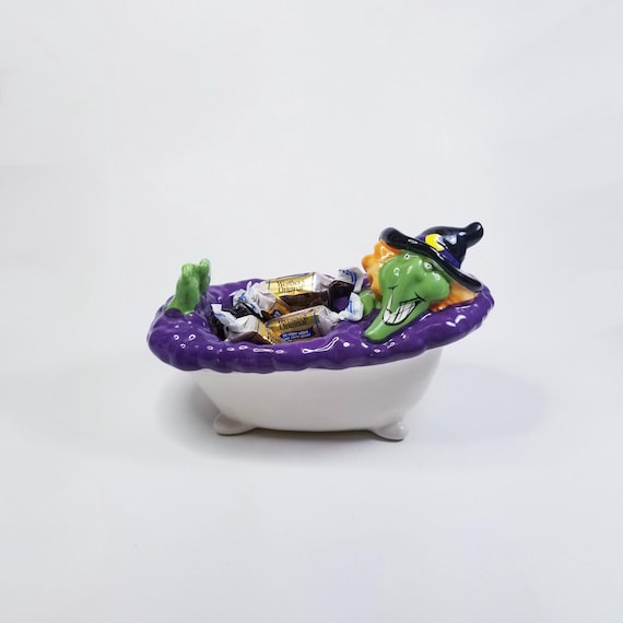 Vintage Witch Taking A Bath Ceramic Container-Witch Candy Holder-Spooky Halloween Container-Gifts