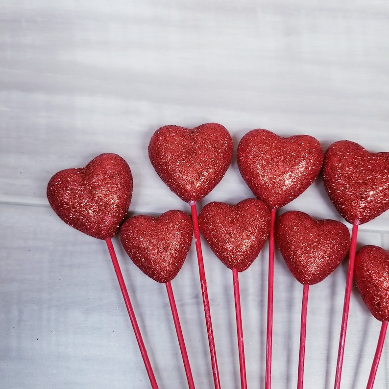 8 Red Glitter Heart Picksred Glitter Foam Hearts on Wood Stickcupcake