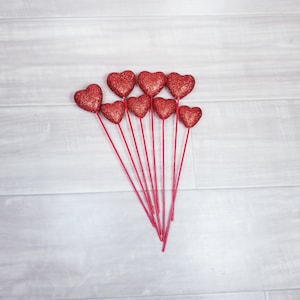 8 Red Glitter Heart Picks-Red Glitter Foam Hearts On Wood Stick-Cupcake Topper-Cake Topper-Bouquet Decor-Craft Supply