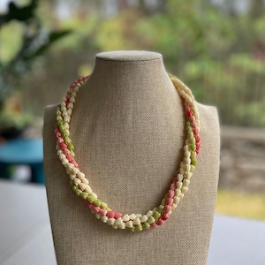 4 Strands of 7mm Pikake White, Variegated Green and Strawberry Necklace Lei 24”