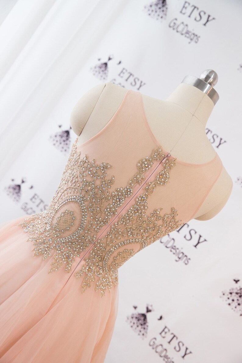 Wedding Dress Orange Pink Women Formal Prom Dress High Low Skirt Tulle in Gold Applique Beaded Illusion Back Evening Dress Beach Bridal Gown