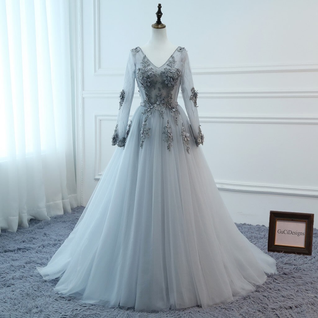Prom Dresses Long Gray Long Sleeve Dress Evening Dresses Etsy UK