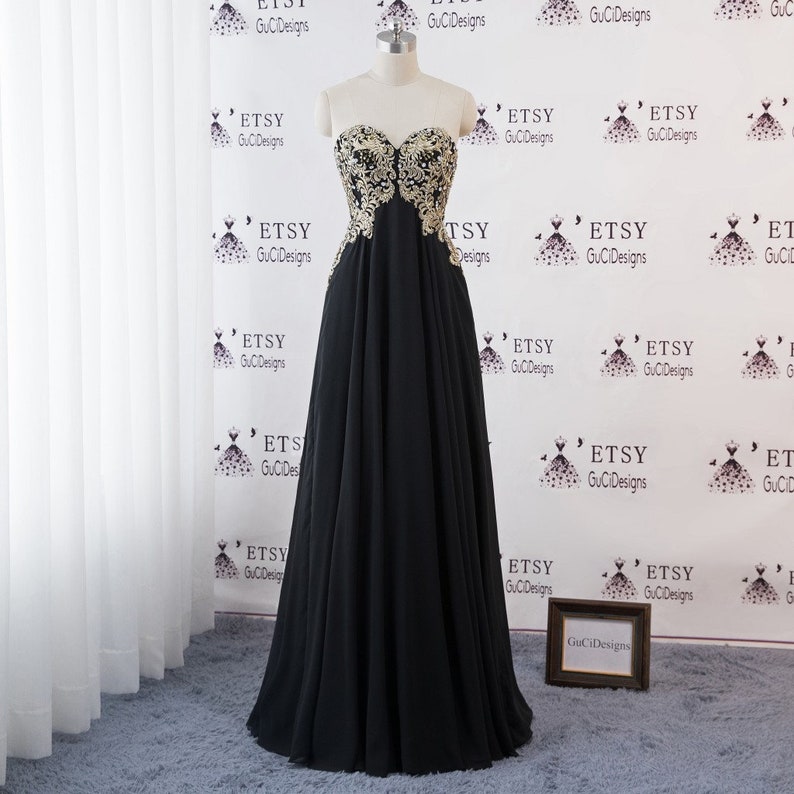 Gold and Black Chiffon Prom Dresses