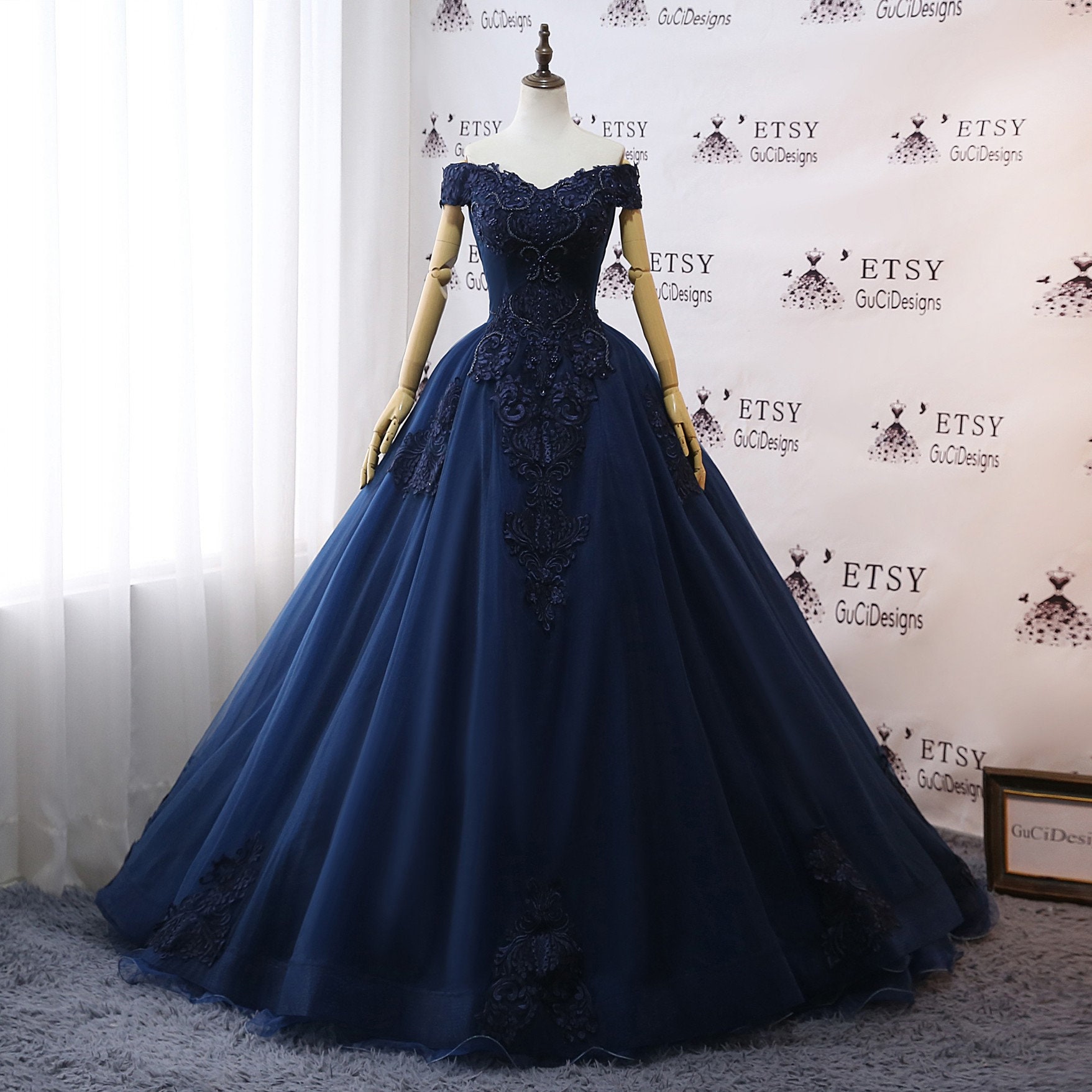 Prom Dresses Navy Blue Wedding Dresses Floral Lace Ball Gown Etsy