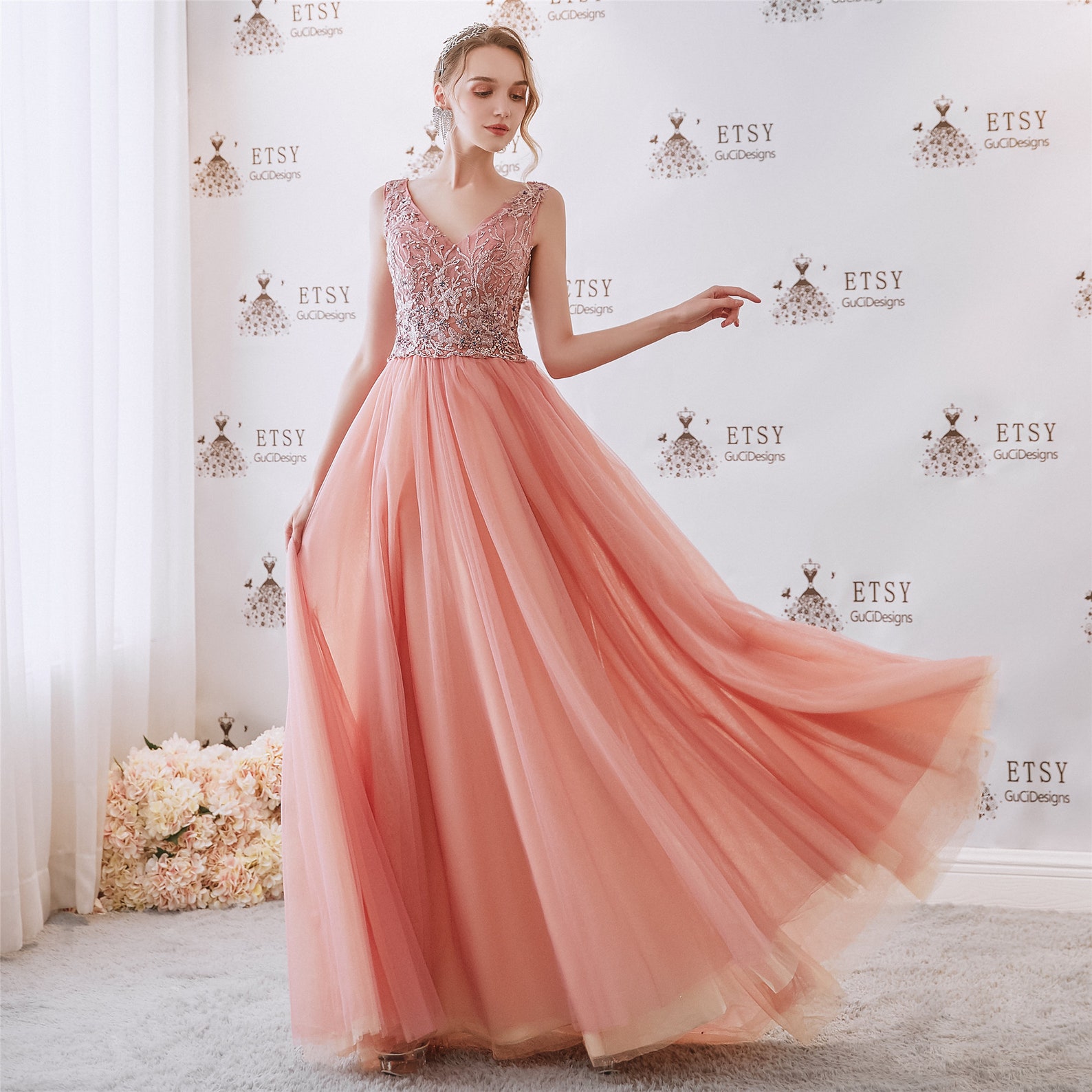 Sweet Pink orange ball gown with delicate appliques handmade Etsy