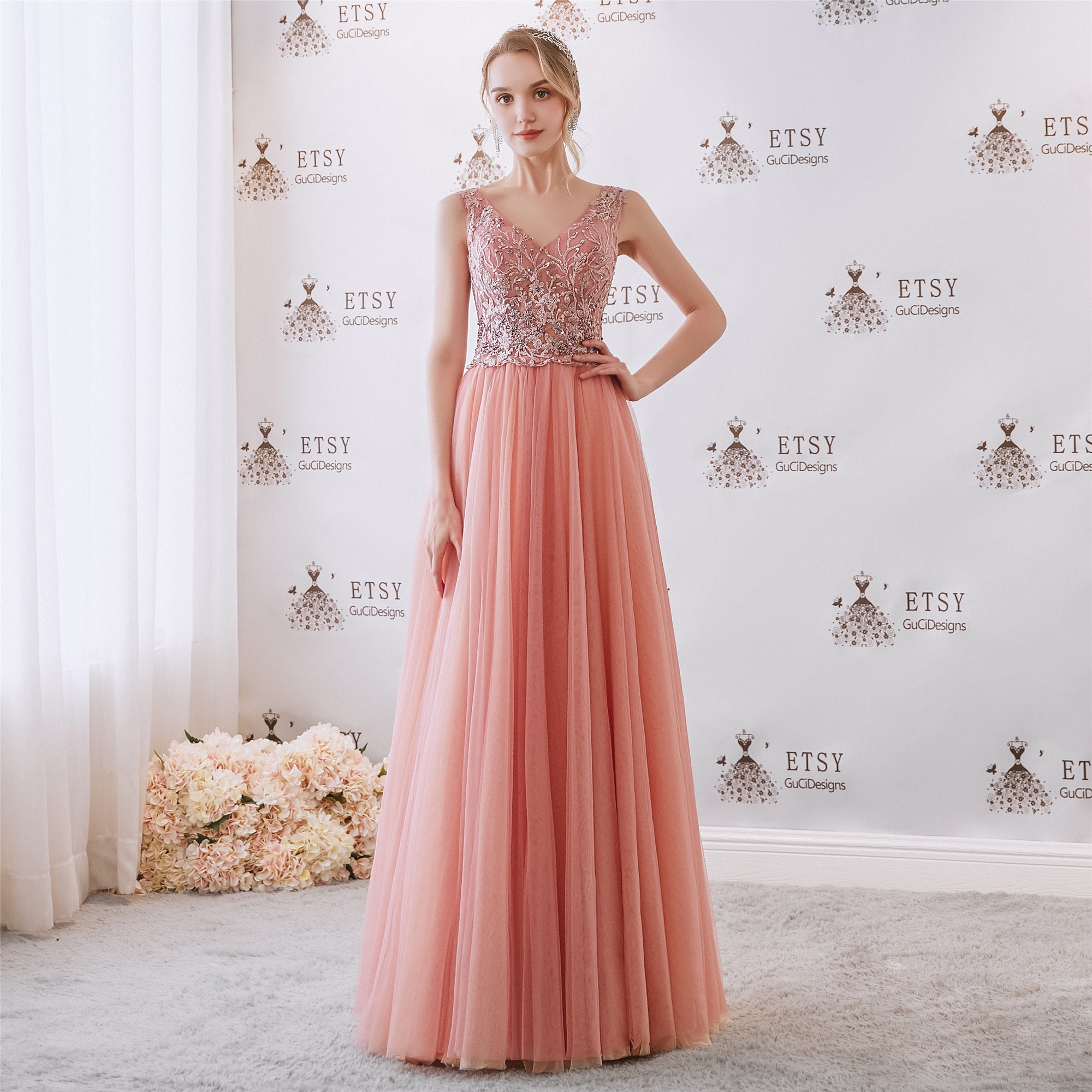 Sweet Pink orange ball gown with delicate appliques handmade Etsy