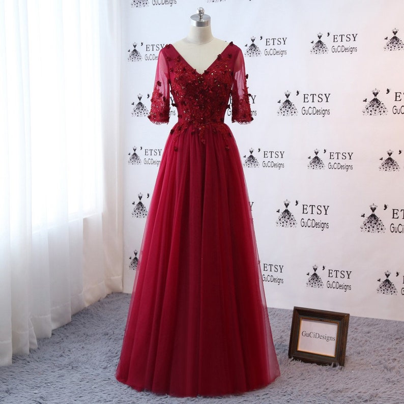Burgundy Women Formal Evening Dresses V-neck Prom Party Gown image 1