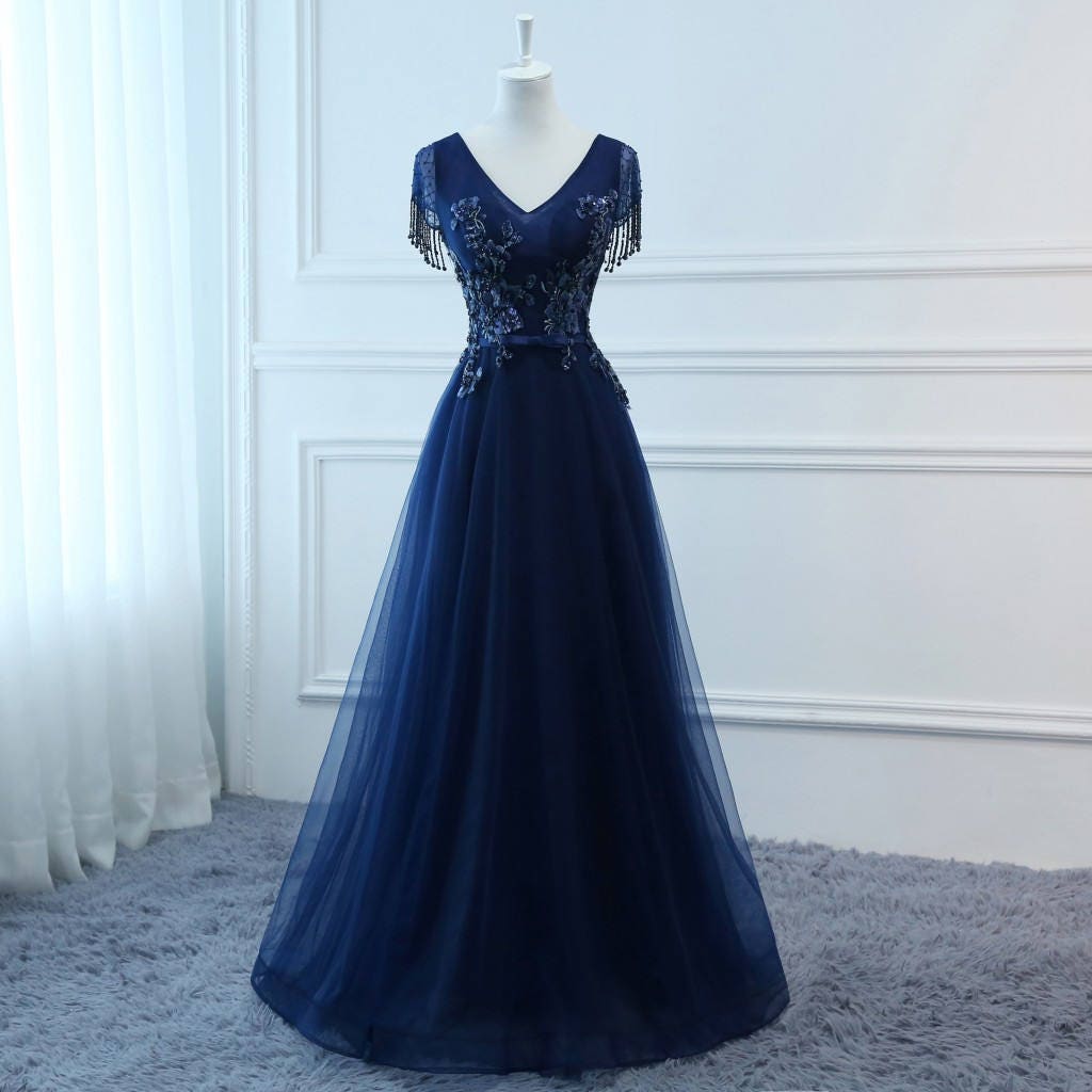 long dark blue prom dresses