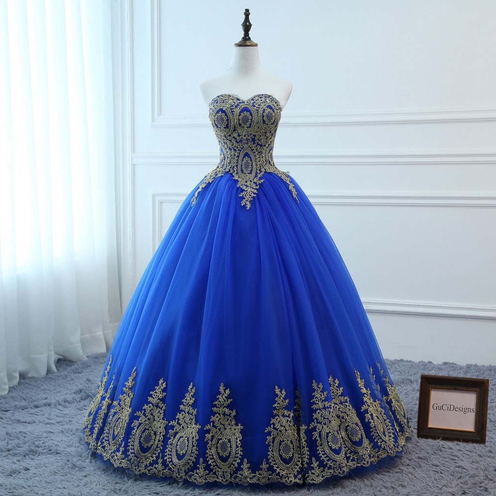 2019 Prom Ball Gown Royal Blue Dress Long A-line Gold Applique | Etsy