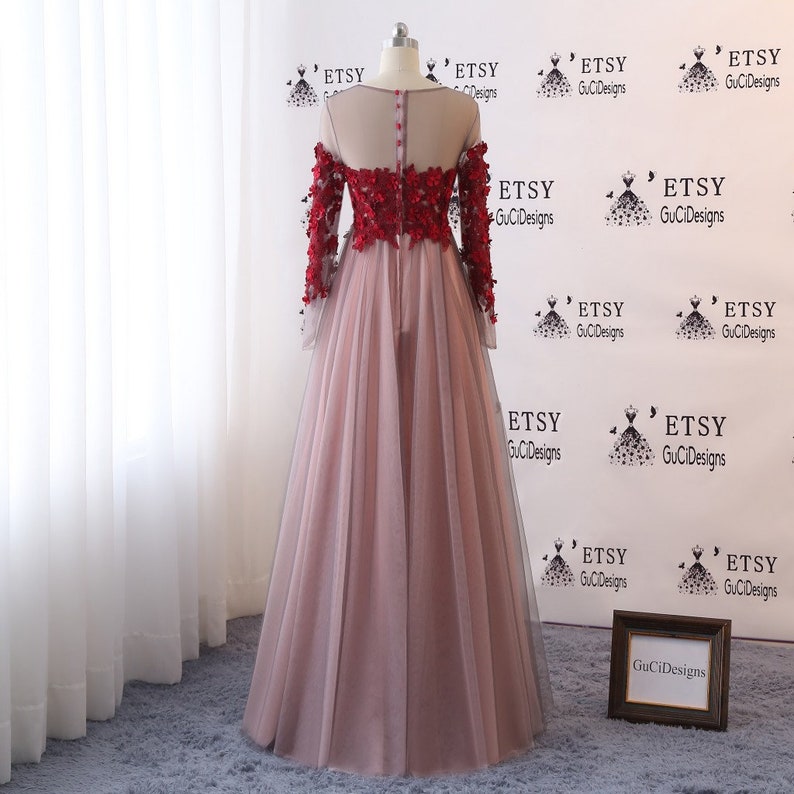 2019 Prom Ball Gown Dresses Long Gray Red Evening Dress Long Sleeve O neck Tulle Dress Lace Flower Women Girl Formal Party Dress Bridal Gown