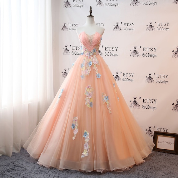 2020 Custom Women Prom Dress Orange Lace Ball Gown Long | Etsy