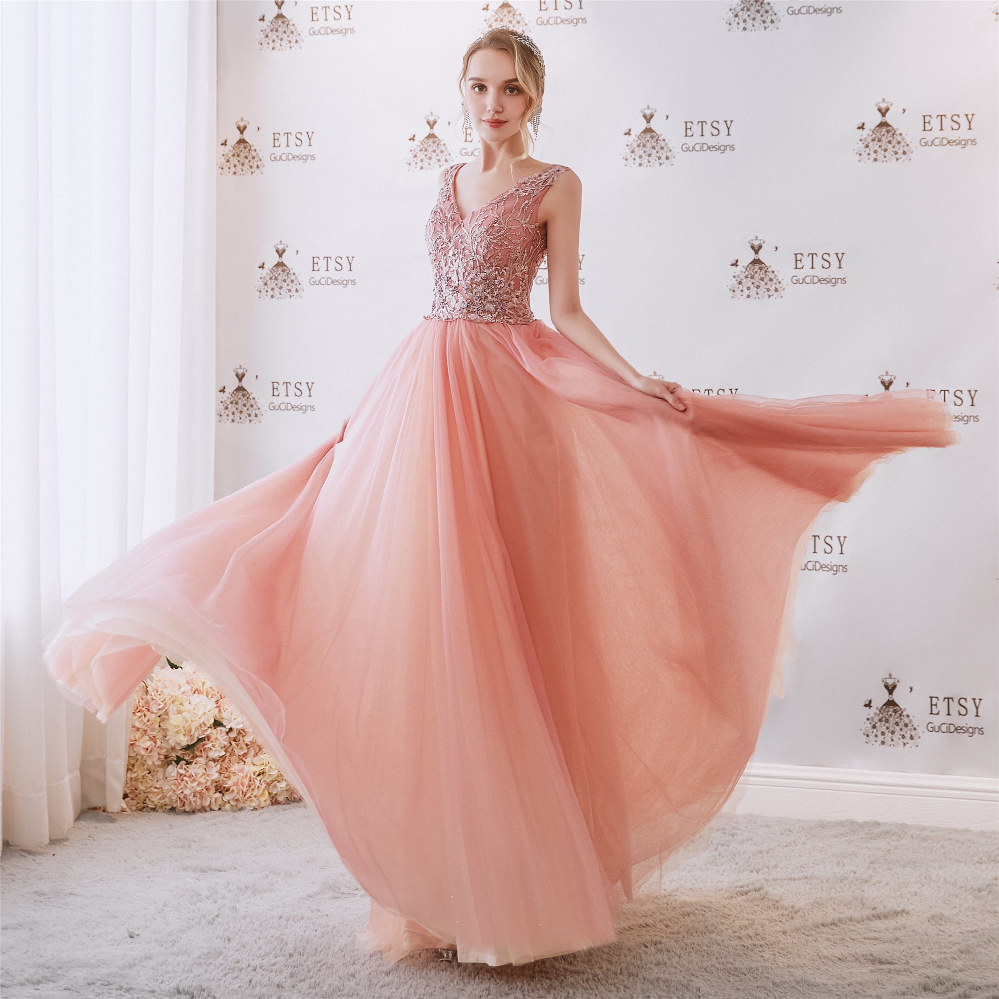 Sweet Pink orange ball gown with delicate appliques handmade Etsy