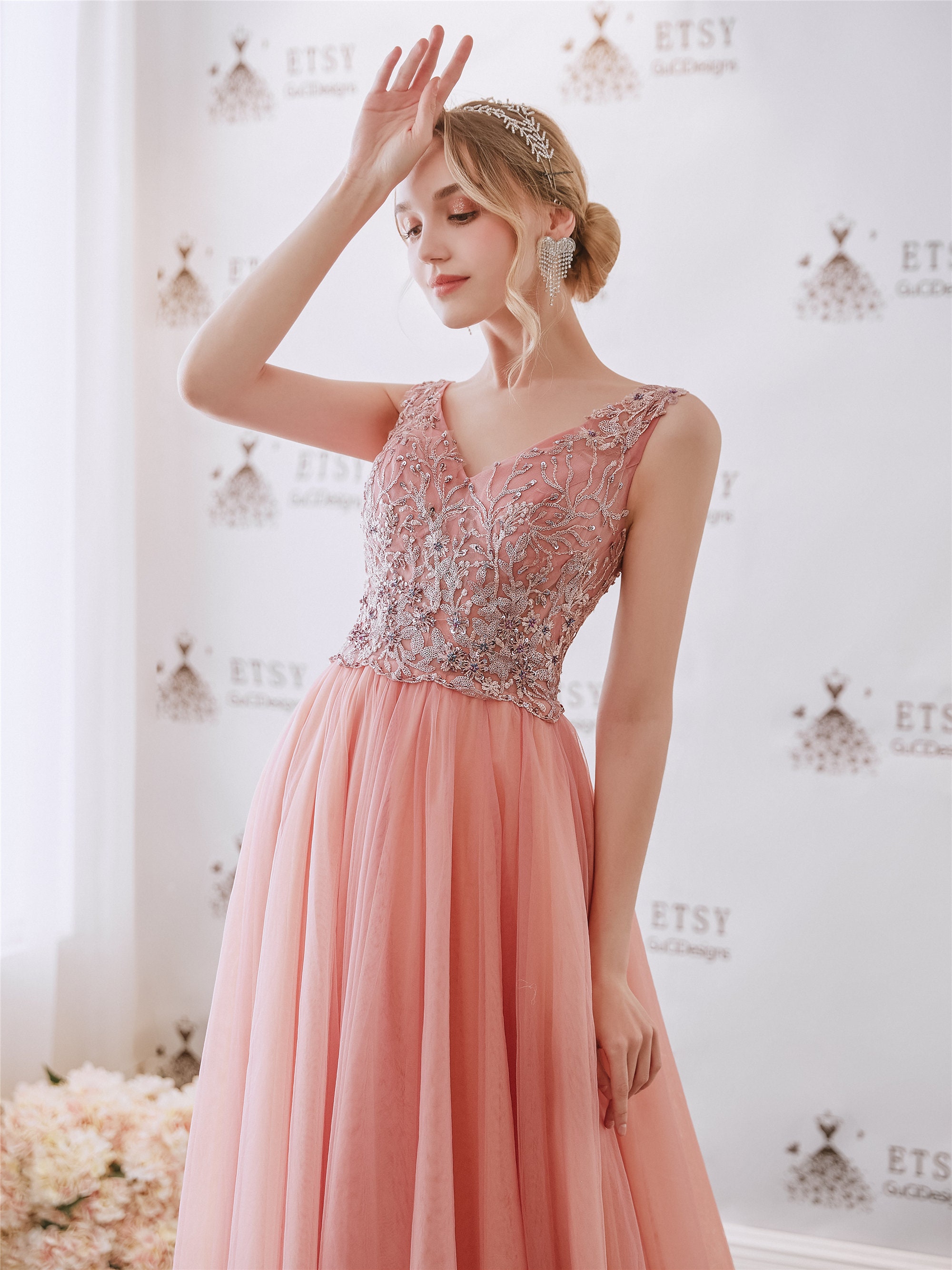Sweet Pink orange ball gown with delicate appliques handmade Etsy