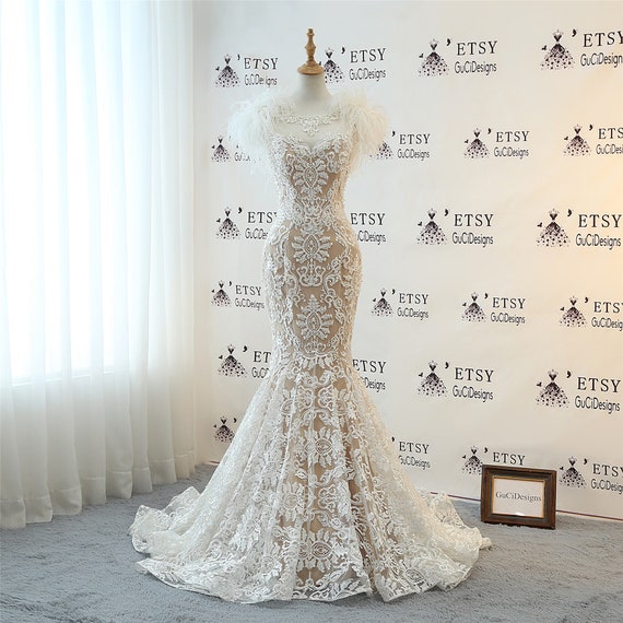 Unique Design New Wedding Dress Fairy Feather Mermaid Trumpet | Etsy