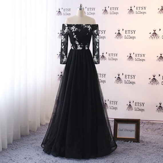 Women Formal Evening Dress White Lace Black Tulle Etsy