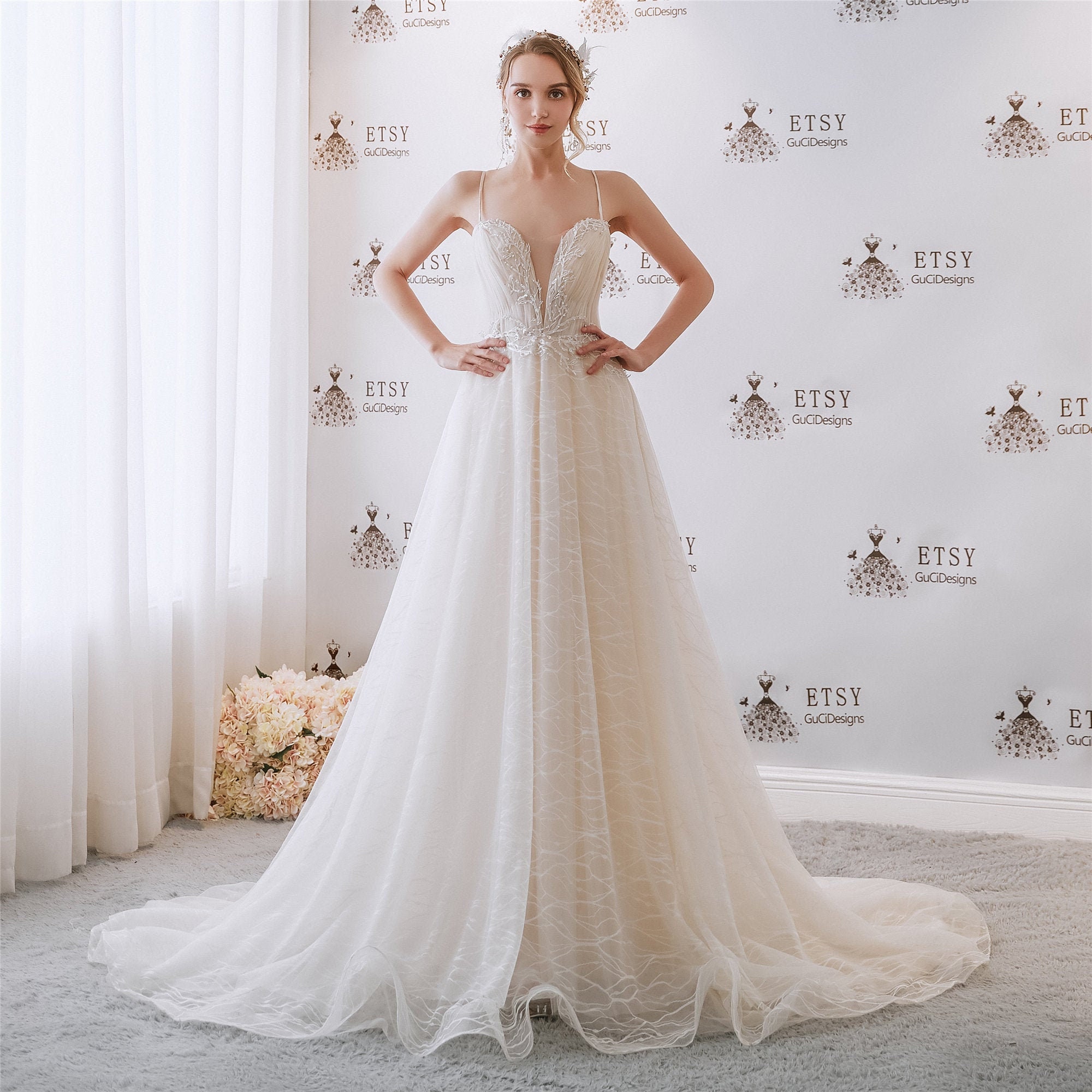 white spaghetti strap prom dress