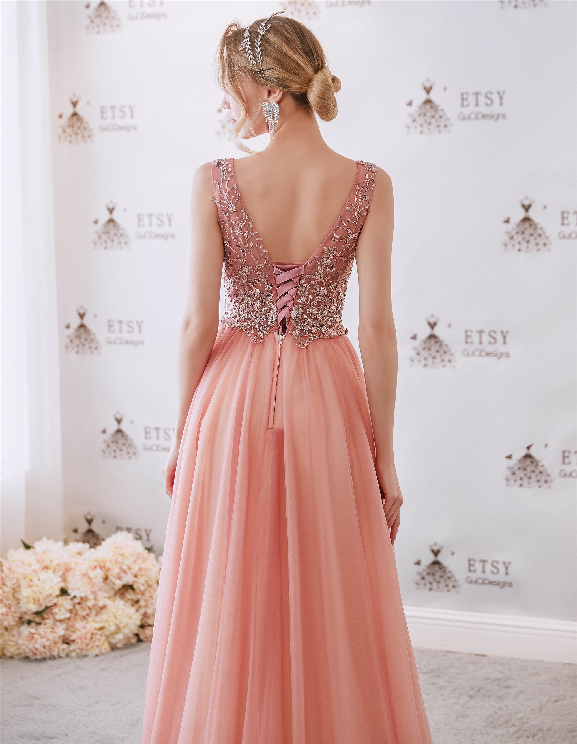 Sweet Pink orange ball gown with delicate appliques handmade Etsy