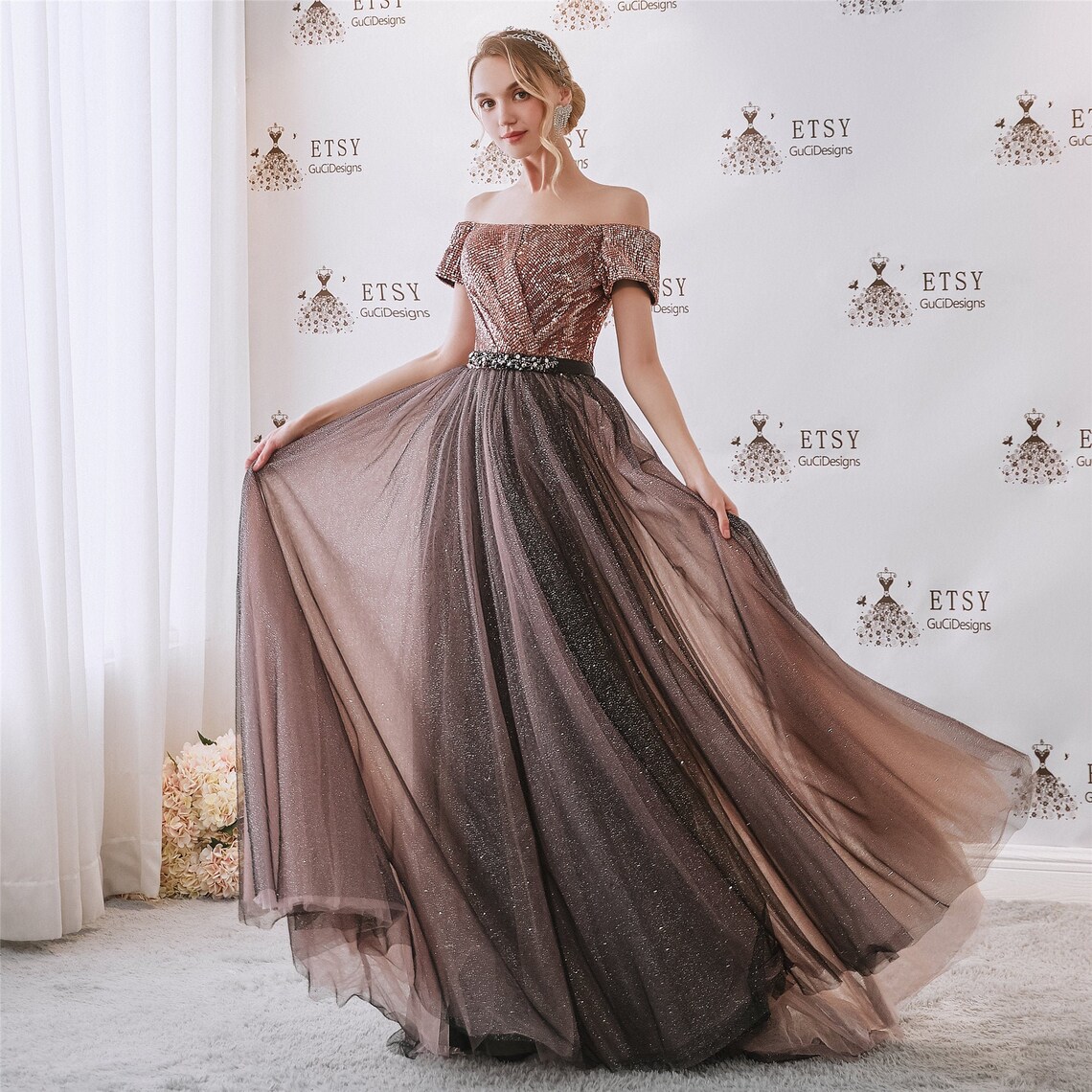 Starry brown prom dress long Off the shoulder evening gown Etsy