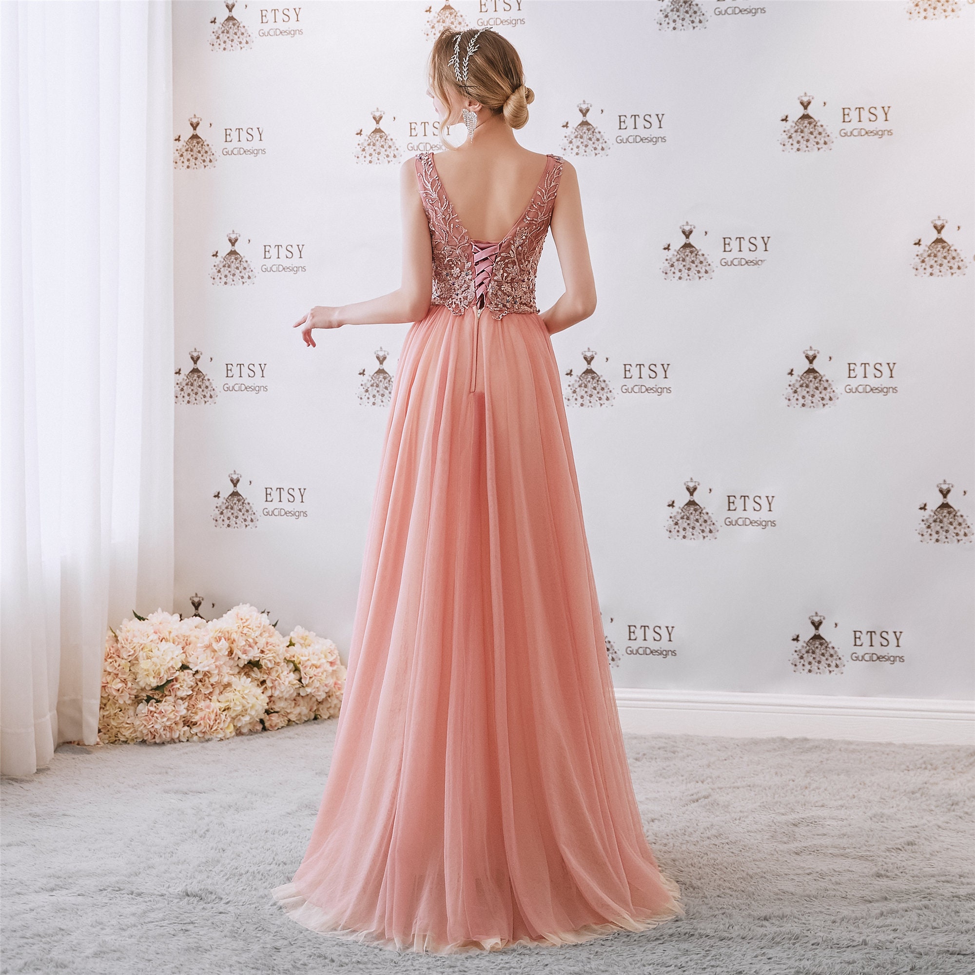 Sweet Pink orange ball gown with delicate appliques handmade Etsy