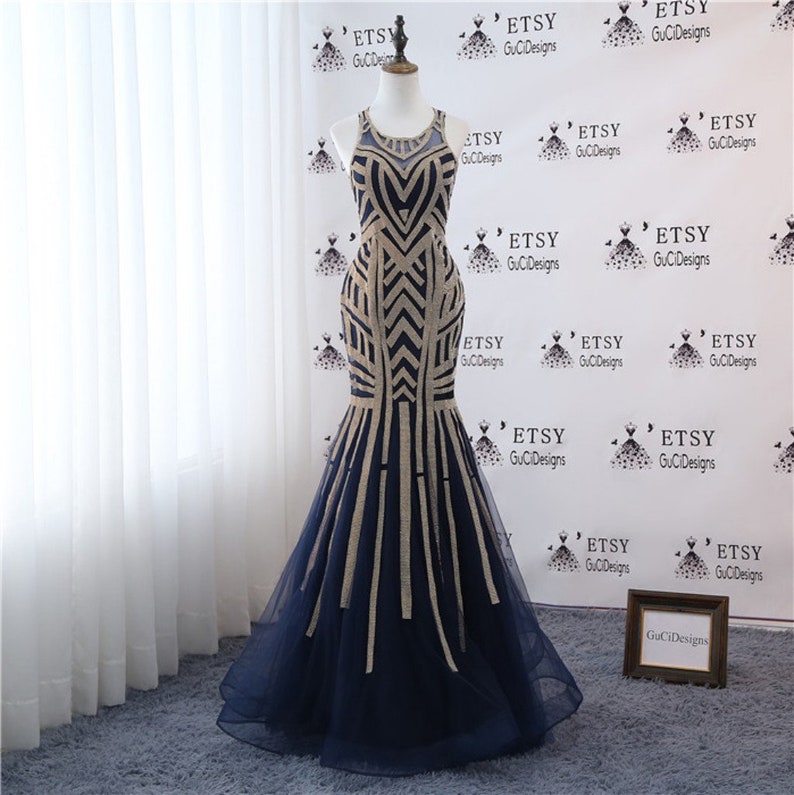 New Navy Blue Wedding Gown Luxury Gold Rhinestone Diamond Etsy