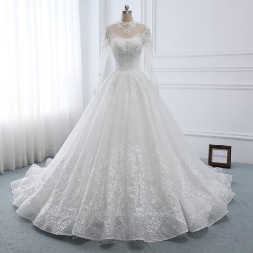 Lace Long Sleeve Dress Mermaid Wedding Dress Sheer Neckline | Etsy