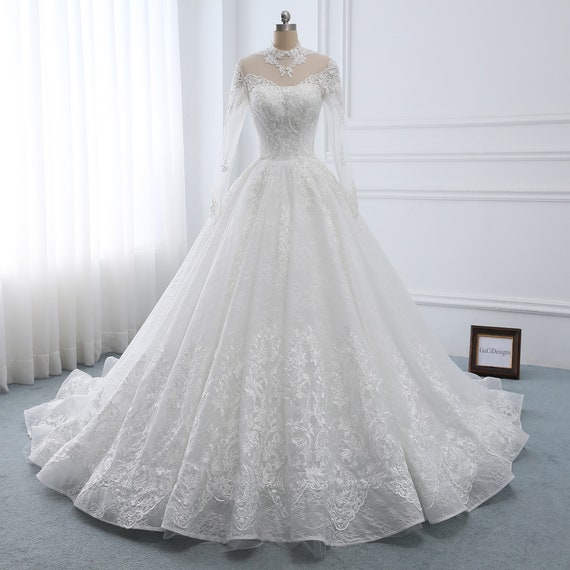 long sleeve a line wedding gown