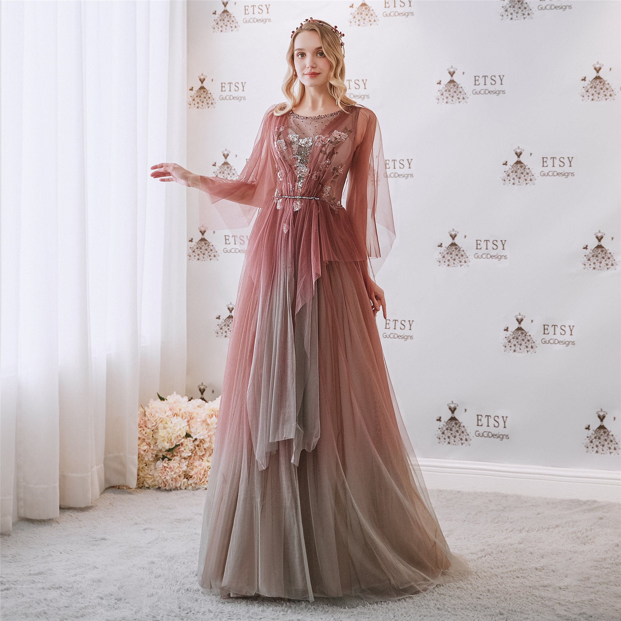 Gradient prom dress long with colorful beads Sequined White Etsy