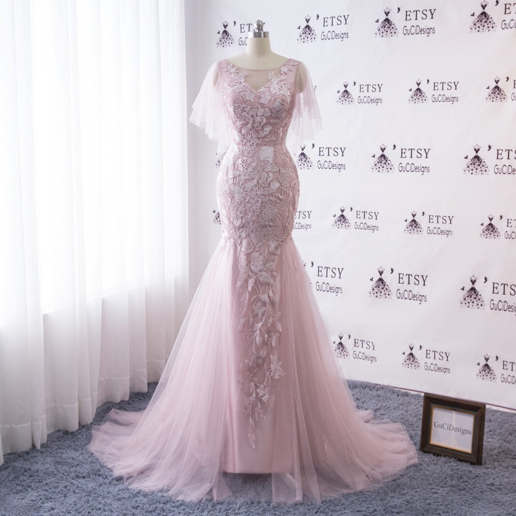 New Wedding Dress Long Lace Blush Pink Mermaid Design Wedding Etsy