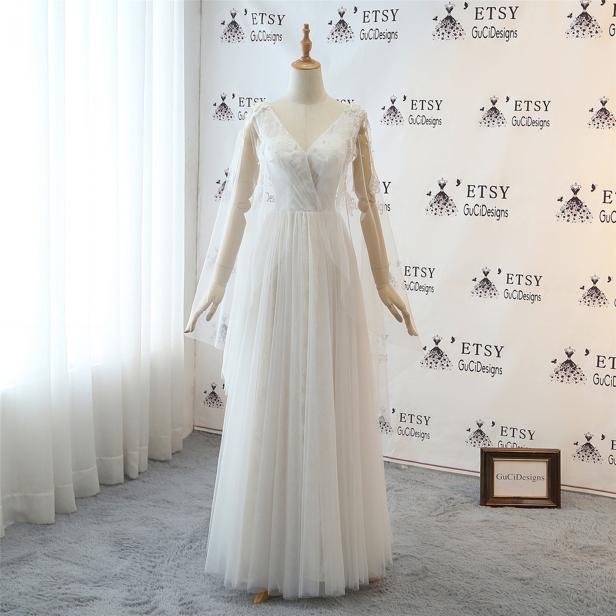 Long Flutter Sleeves Wedding Dresses White Champagne Lace Etsy