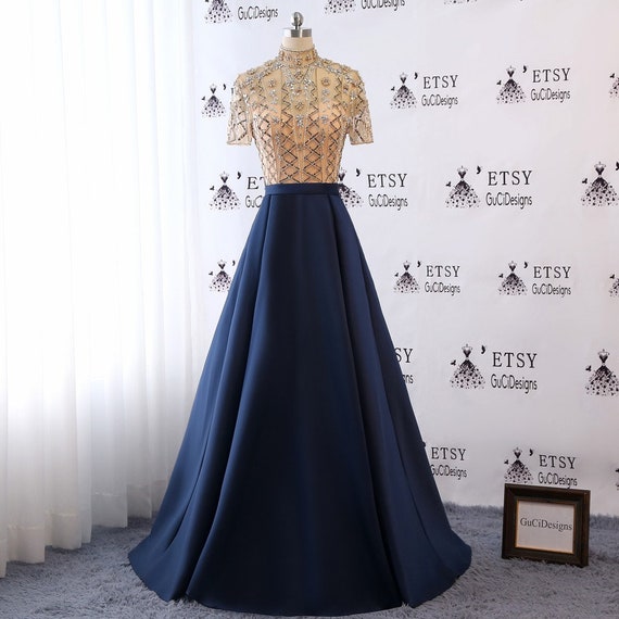 navy and gold evening gown