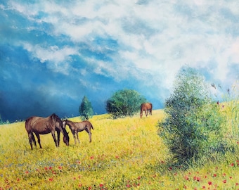 May include: A painting of a field with horses grazing in the distance. The field is covered in wildflowers, including red poppies. The sky is a bright blue with white clouds.