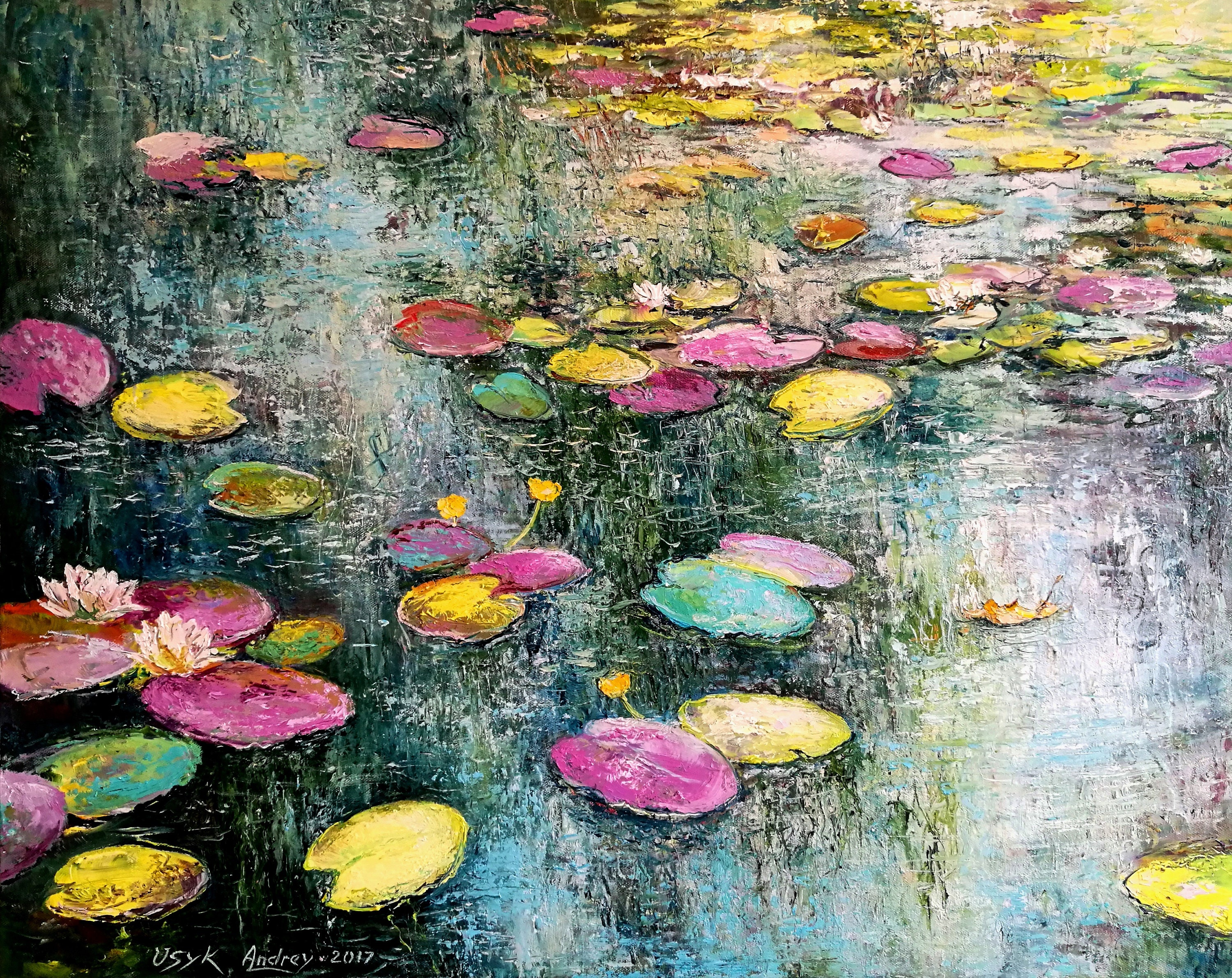 オリジナル油絵：緑の睡蓮の抽象風景画（30x24） - Etsy 日本