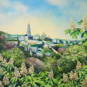 Original oil painting &quot;Renaissance of Kievan Rus&quot;, 48&quot;/36&quot;, spring, Ukraine, Kyiv large art decor, living UsykART, chestnut landscape Лавра