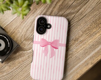 Cute Pink Watercolor Bow With Stripes - Magnetic Tough Case for iPhone 13 14 15 16 Pro Max Plus with MagSafe Compatibility and Drop Proof