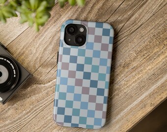 Blue Boho Checker Phone Case for iPhone 11 12 13 14 15 16 Pro Max Plus Tough Sturdy Protection