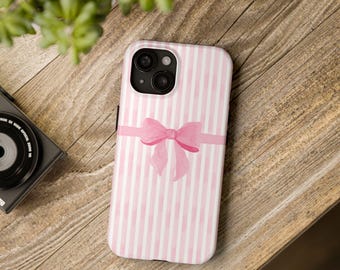 Pink Striped Phone Case with Bow: Shockproof Protective Cover