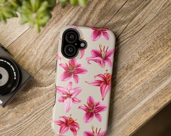 Pink Lily Print Magnetic Tough Case for iPhone 13 14 15 16 Pro Max Plus with MagSafe Compatibility and Drop Protection
