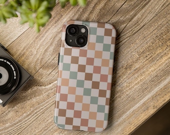 Neutral Bohemian Checkered Phone Case for iPhone 11 12 13 14 15 16 Pro Max Plus Tough Sturdy Protection