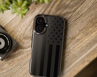 Black American Flag Patriotic Cover - Magnetic Tough Case for iPhone 13 14 15 16 Pro Max Plus with MagSafe Compatibility and Drop Protection