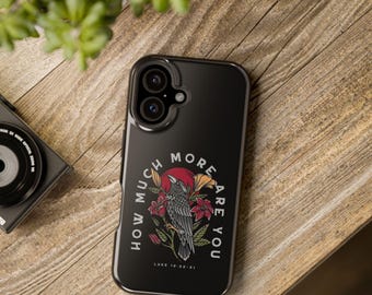Christian Bible Verse Phone Case with MagSafe for iPhone, Raven and Lillies Art, How Much More Are You, Faith Gift, Protective Hard Case