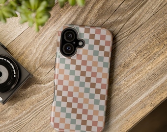 Neutral Checkerboard MagSafe iPhone and Samsung Case, Aesthetic Earth Tone Phone Cover, Retro Beige Checkerboard, Trendy Minimal Design Case