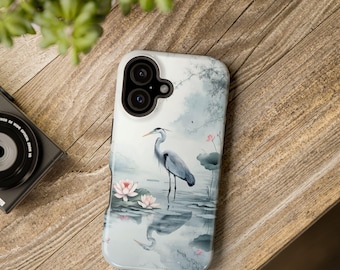 Blue Heron with Lotus Flowers Magnetic Tough Case for iPhone 13 14 15 16 Pro Max Plus with MagSafe Compatibility and Drop Protection